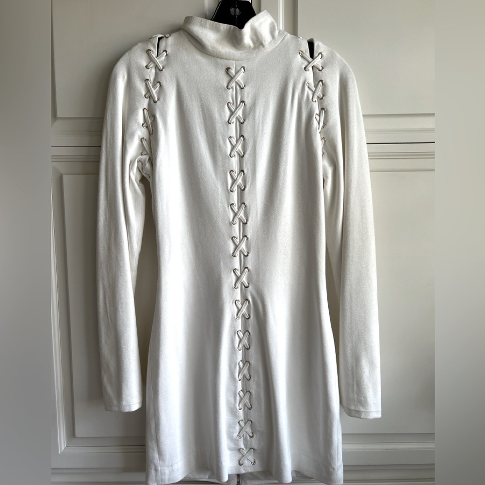 House of CB White Faux Suede Lace-Up Bodycon Dress - Size Medium